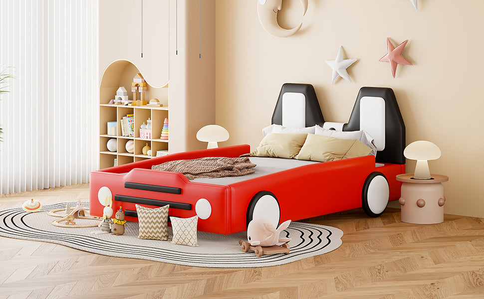 Twin Size Race Car Shaped Platform Bed With Wheels,Red Red Pu Leather