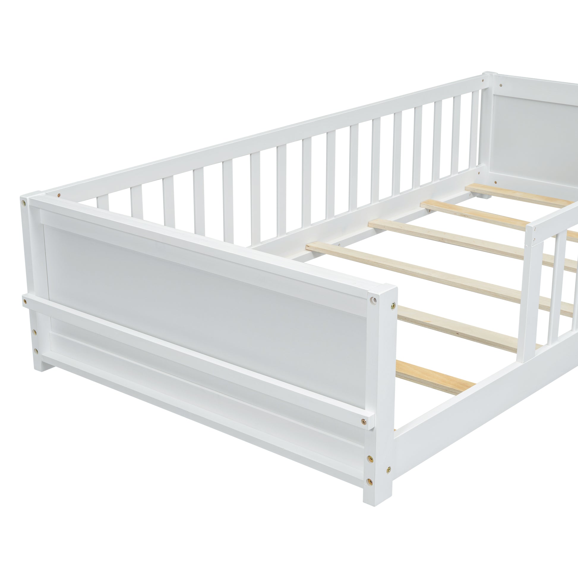 Twin Size Floor Platform Bed With Built In Book Storage Rack,White Twin White American Design Pine