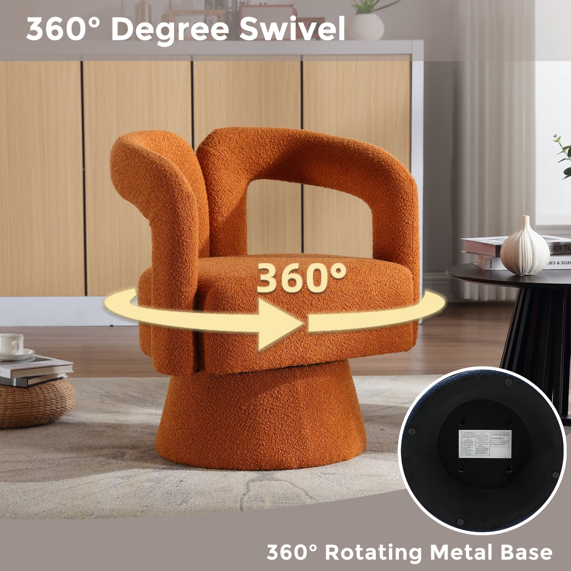 Coolmore 360 Degree Swivel Cuddle Barrel Accent Chairs, Round Armchairs With Wide Upholstered, Fluffy Fabric Chair For Living Room, Bedroom, Office, Waiting Rooms Orange Boucle Orange Foam Boucle