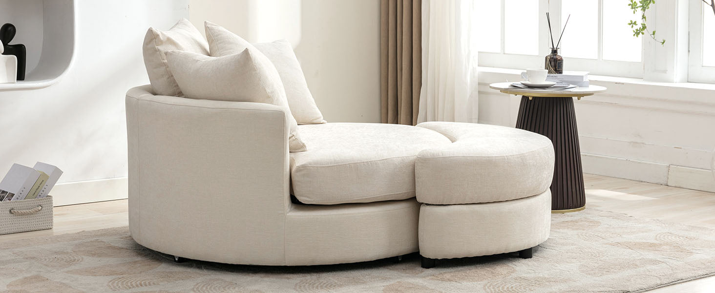Orisfur. 360 Swivel Accent Barrel Chair With Storage Ottoman & 4 Pillows, Modern Chenille Leisure Chair Round Accent For Living Room, Cream Cream Foam Chenille