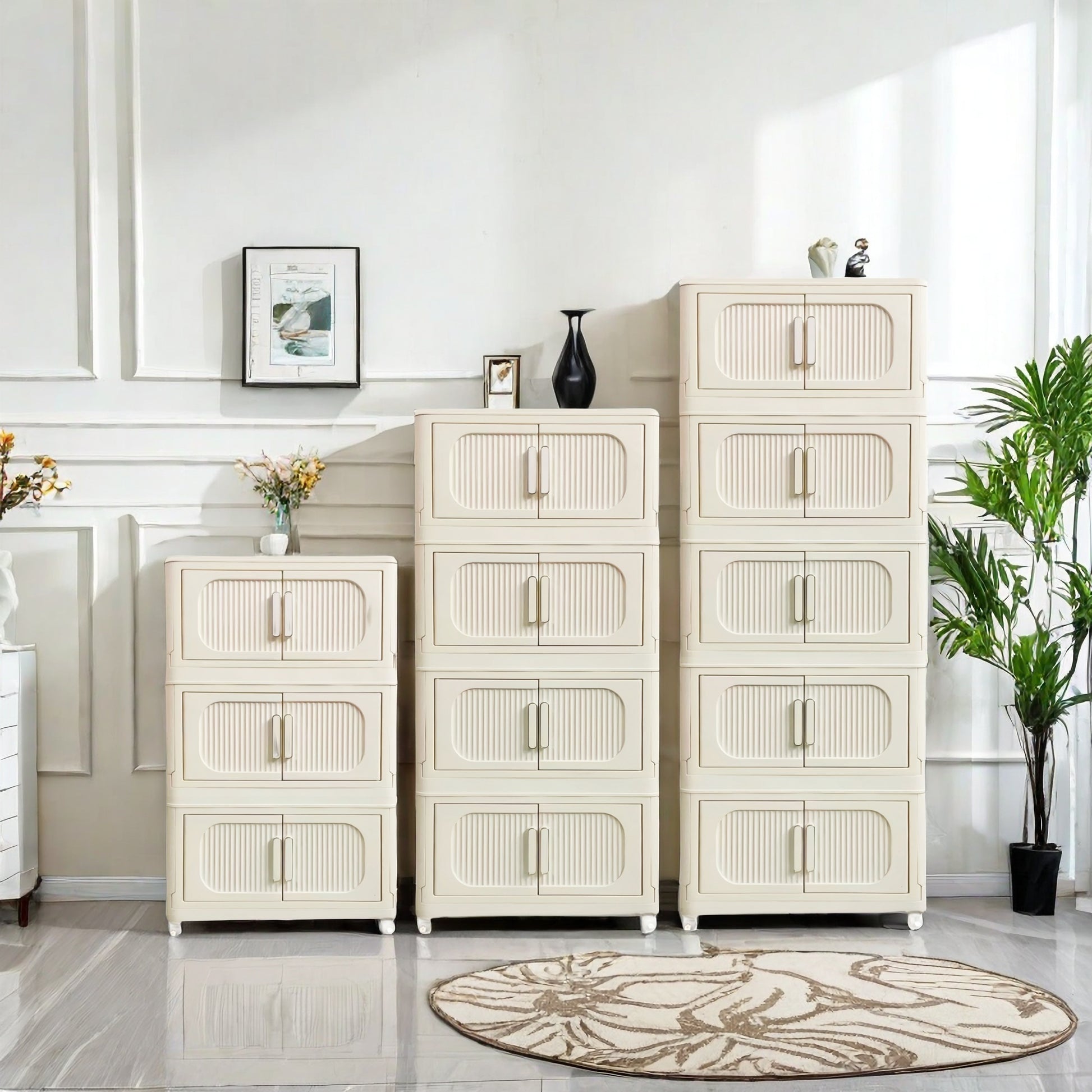Cream White,19.69" Side Wide Folding Storage Cabinet ,4 Tiers,19.69" 11.81" 40.55",Collapsible Storage Bins With Magnetic Door, Plastic Storage Cabinet With Wheels Cream White Plastic