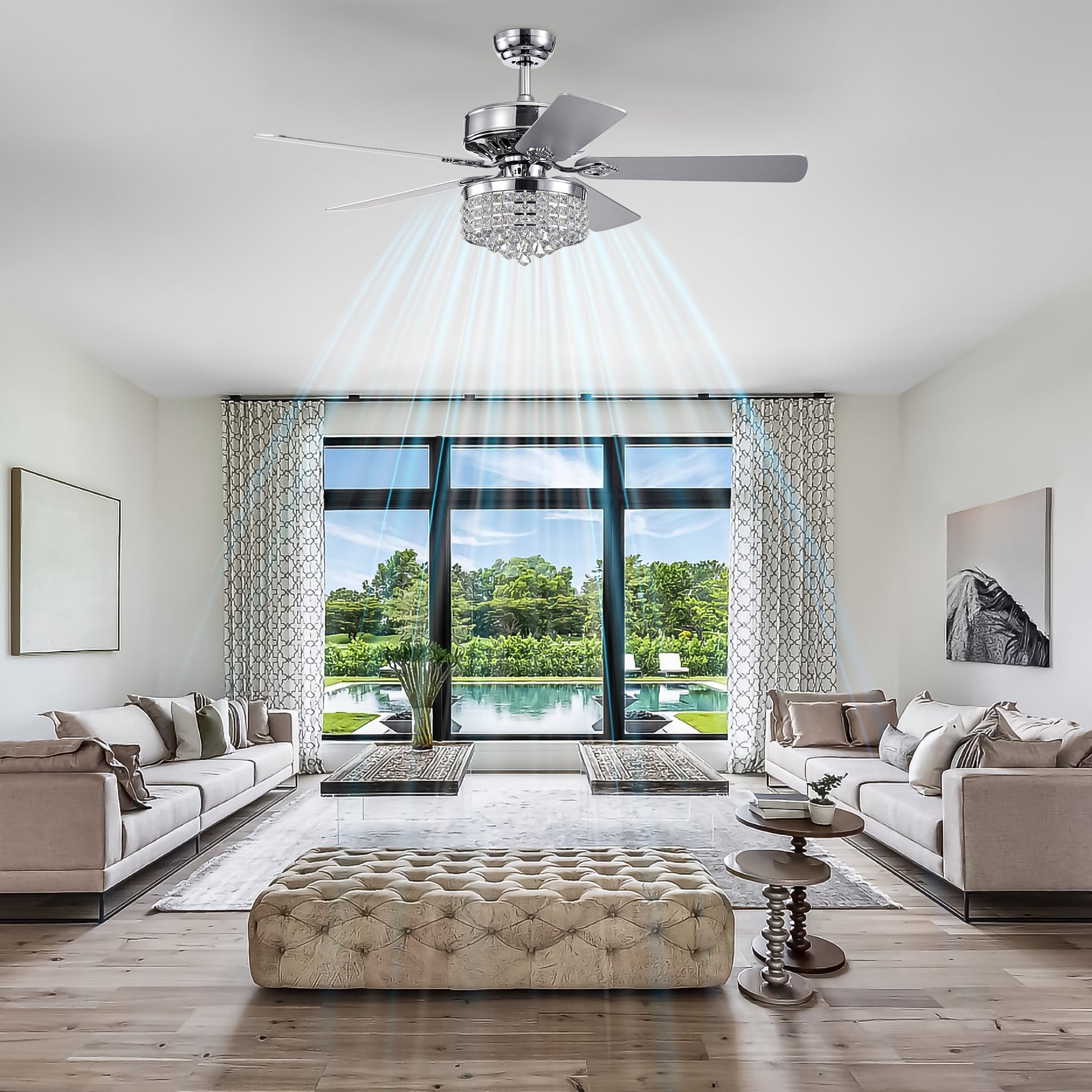 52Inch Crystal Ceiling Fan With Lights, 5 Wood Bladesmodern Fandelier Ceiling Fan With Noiseless Motor, Chandelier Fan With Remote For Bedroom,Living Room Chrome3*G9 Bulb Chrome American Design,American Traditional,Antique,Farmhouse,Industrial Plywood