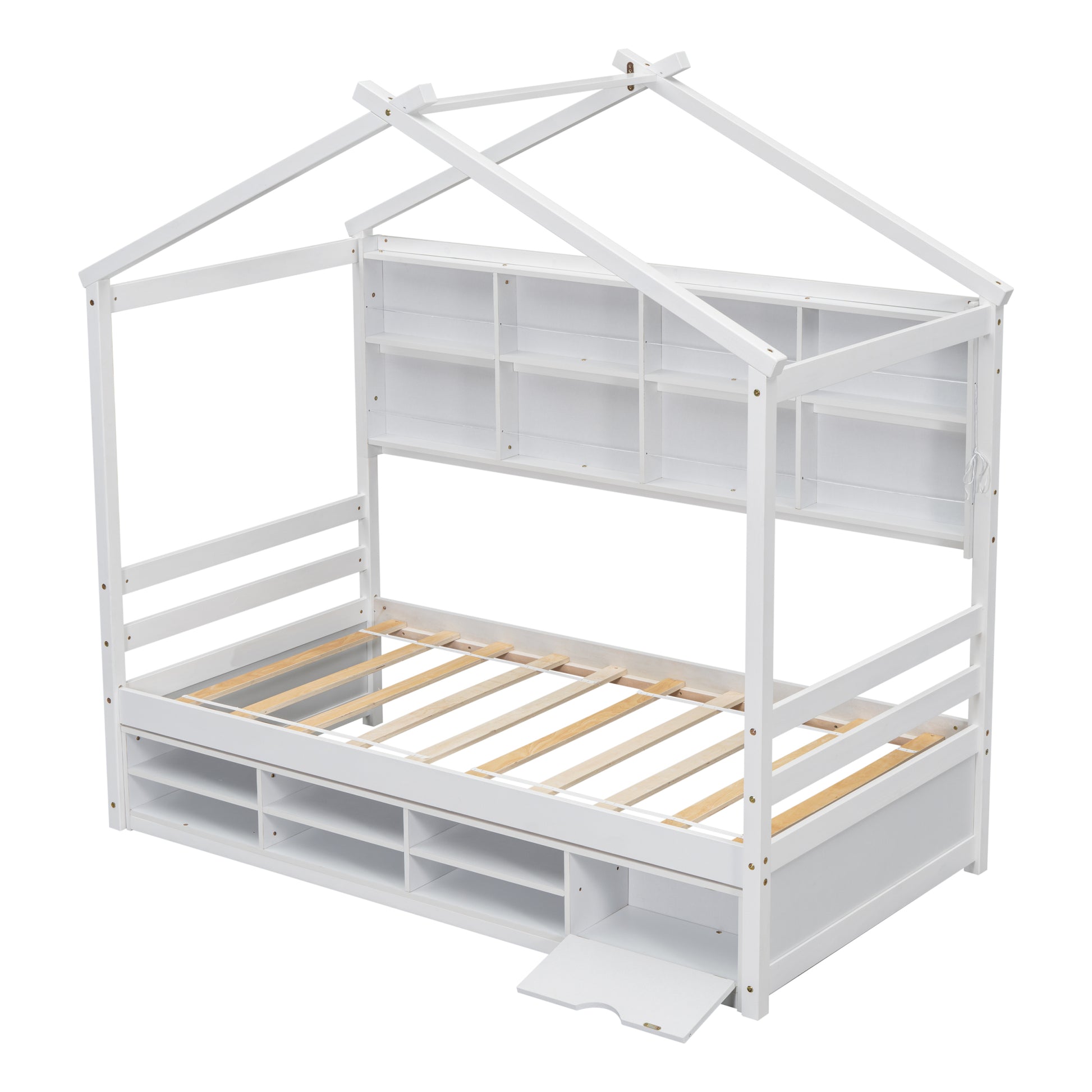 Twin House Bed With Roof Frame, Bedside Shelves, Under Bed Storage Unit,White Twin White American Design Pine