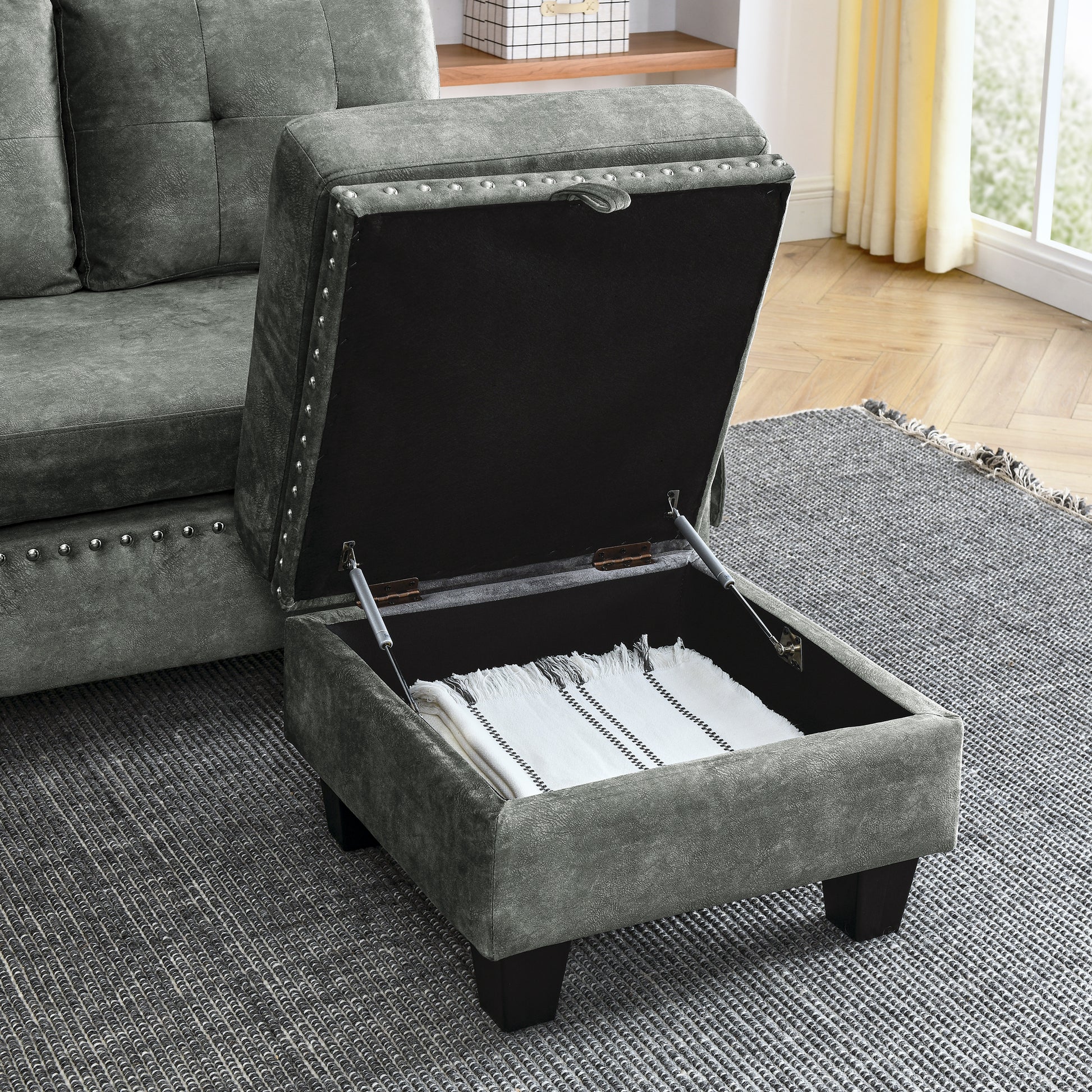 Sectional 3 Seaters Sofa ,Double Sided Multi Functional Footstool, Storage Matnon Slip Leg, Two Pillows, Velvet, Light Grey Light Grey Velvet 3 Seat