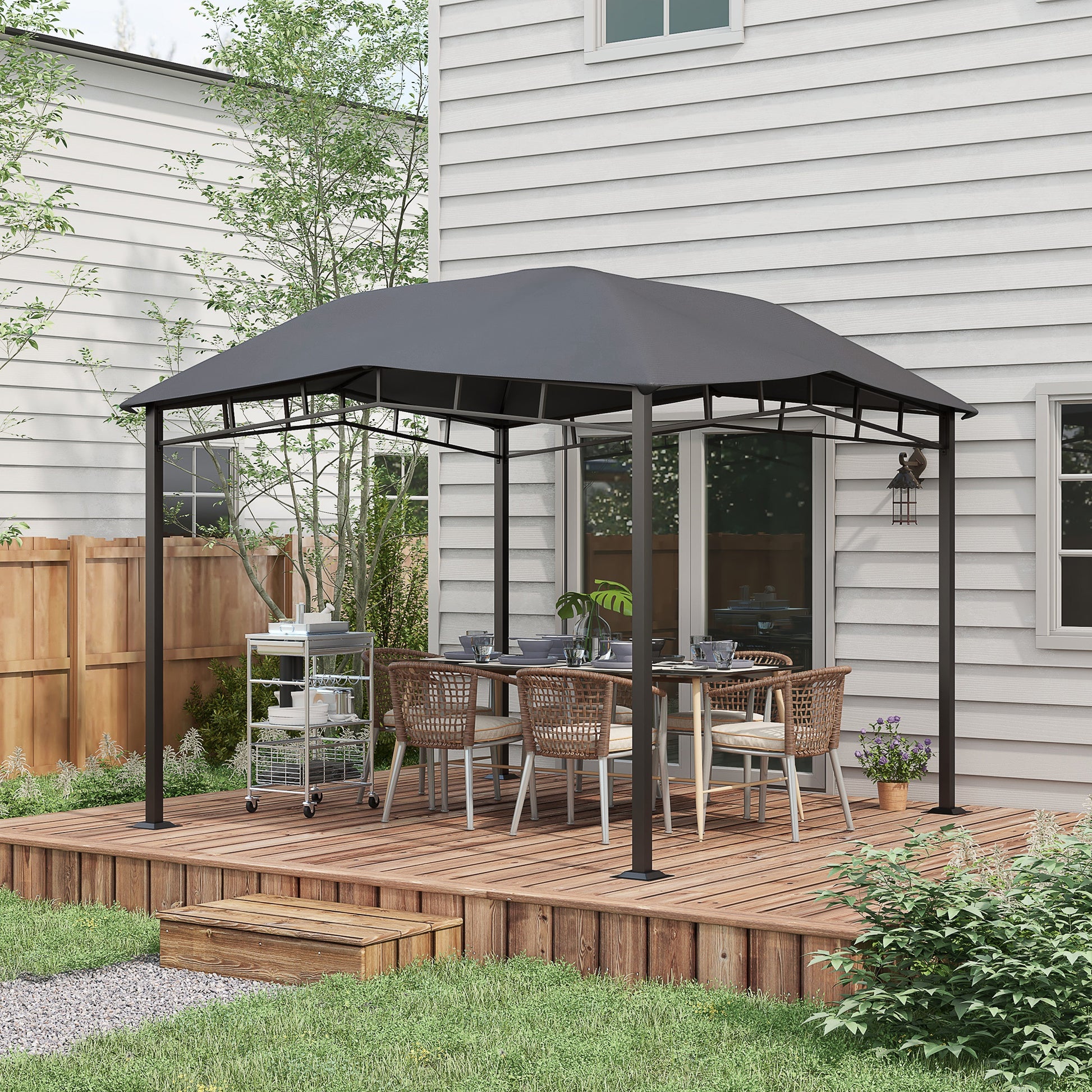 Outsunny 10' X 10' Soft Top Patio Gazebo Outdoor Canopy With Unique Geometric Design Roof, All Weather Steel Frame, Gray Black Grey Polyester