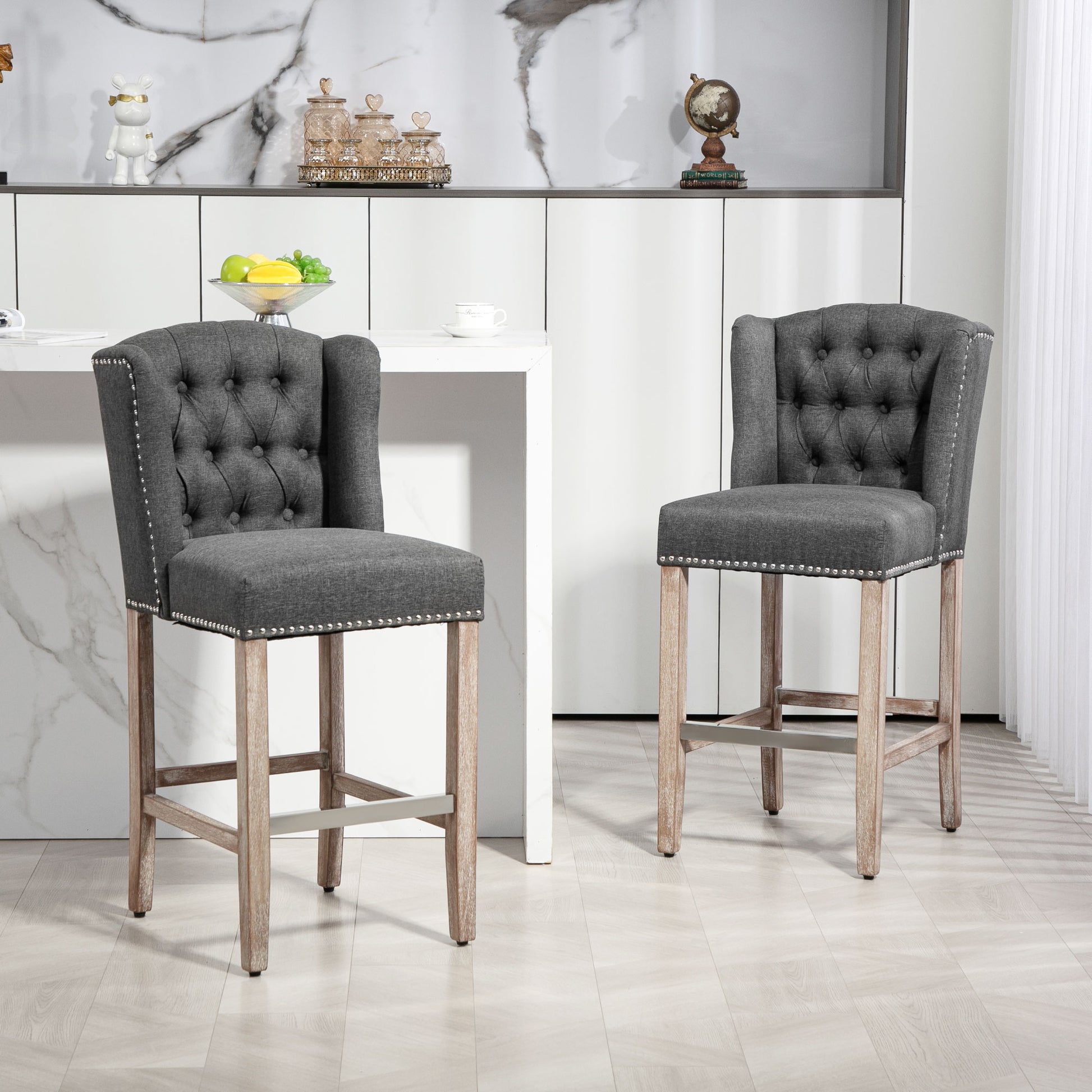 Homcom Counter Height Bar Stools Set Of 2, 27" Seat Height Upholstered Barstools, Farmhouse Kitchen Island Stools With Trim, Tufted Back And Wooden Legs, Dark Gray Dark Gray Polyester