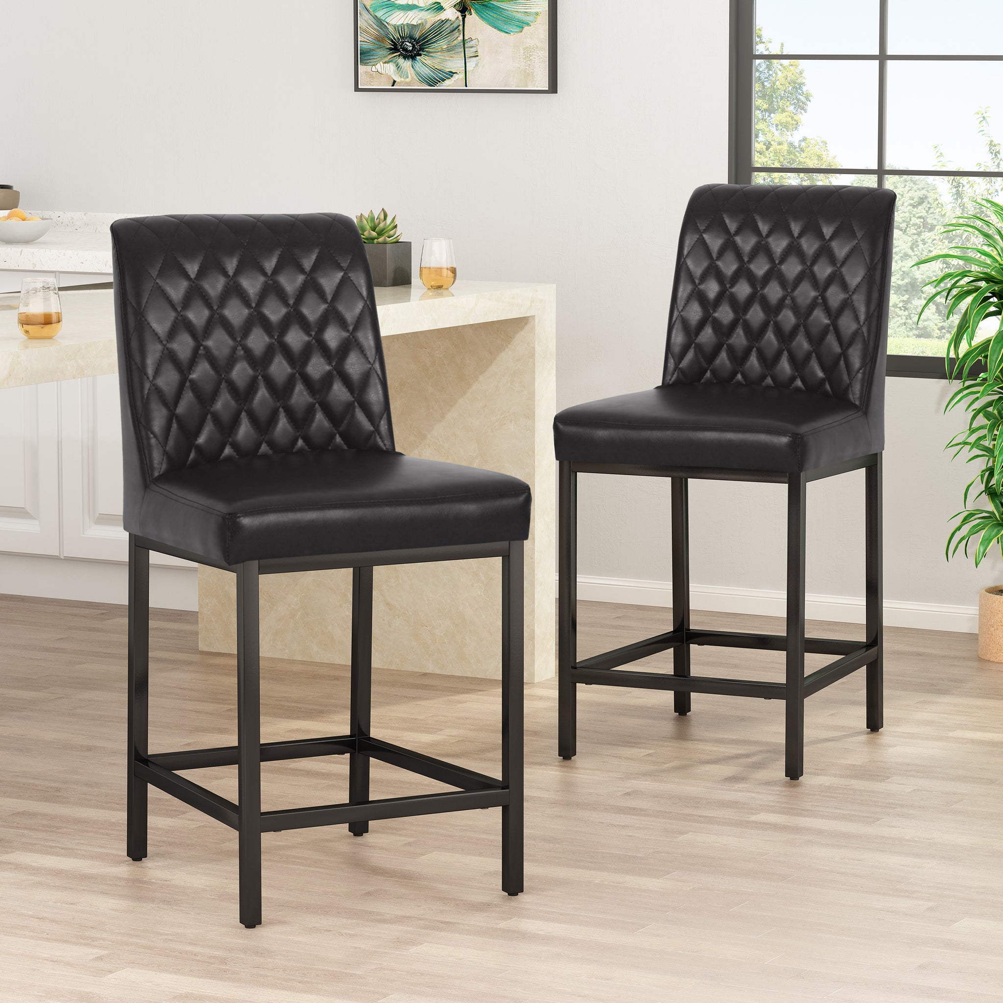 Counter Stool Set Of 2 Black Velvet