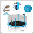 14Ft Trampoline For Kids With Safety Enclosure Net, Basketball Hoop And Ladder, Easy Assembly Round Outdoor Recreational Trampoline Blue Metal