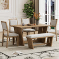 6 Piece Retro Dining Set, 1 Rectangular Table With Stable Trapezoidal Table Base And 4 Upholstered Chairs And 1 Bench For Dining Room And Kitchen Natural Wood Wash Natural Wood Wash Solid Wood Mdf