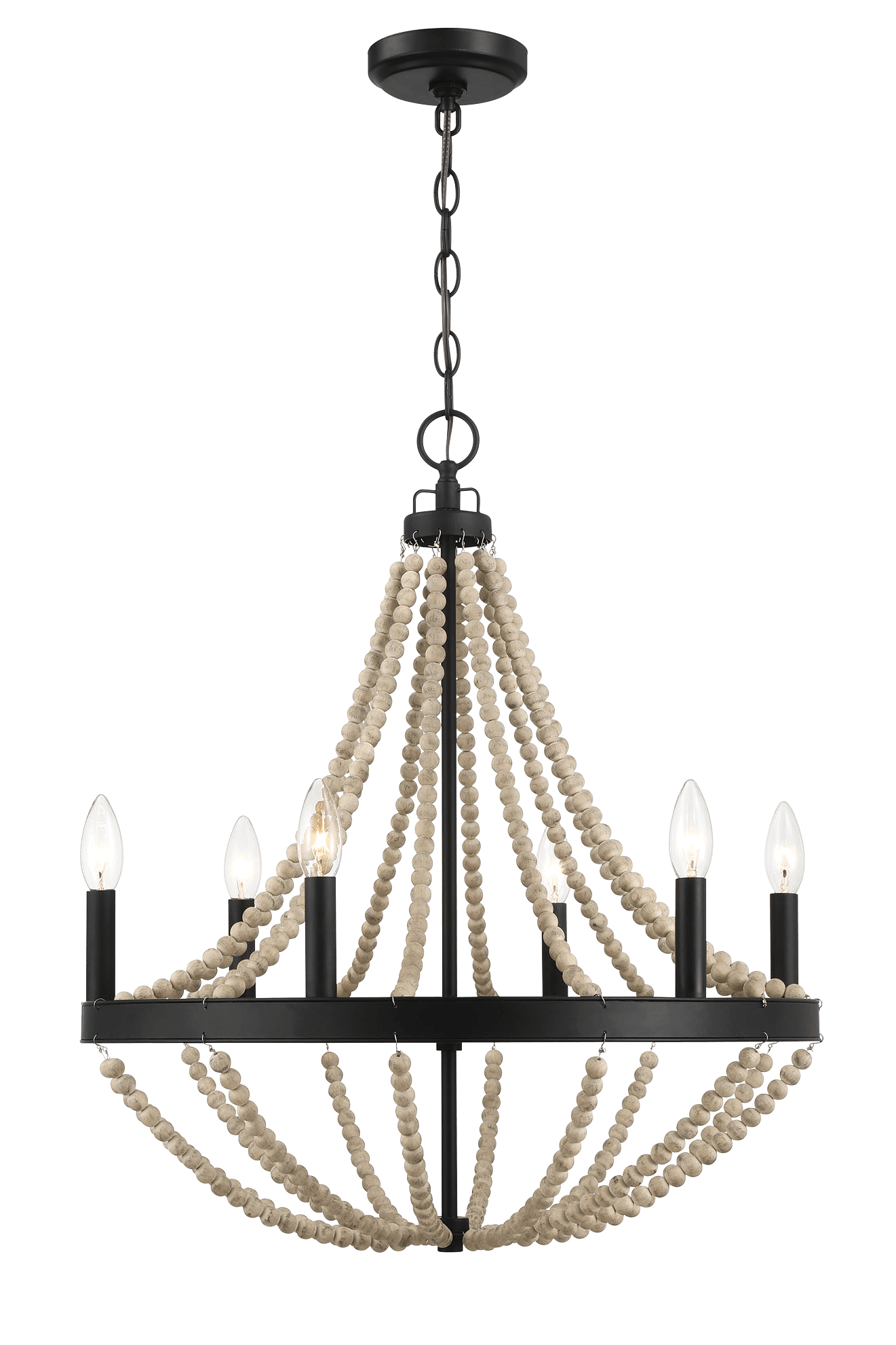 Starry Wood Chandelier Farmhouse Six Candle Light Wood Beaded Black Pendant Light For Dining Room Black,Clear,Wood Glass,Metal,Wood