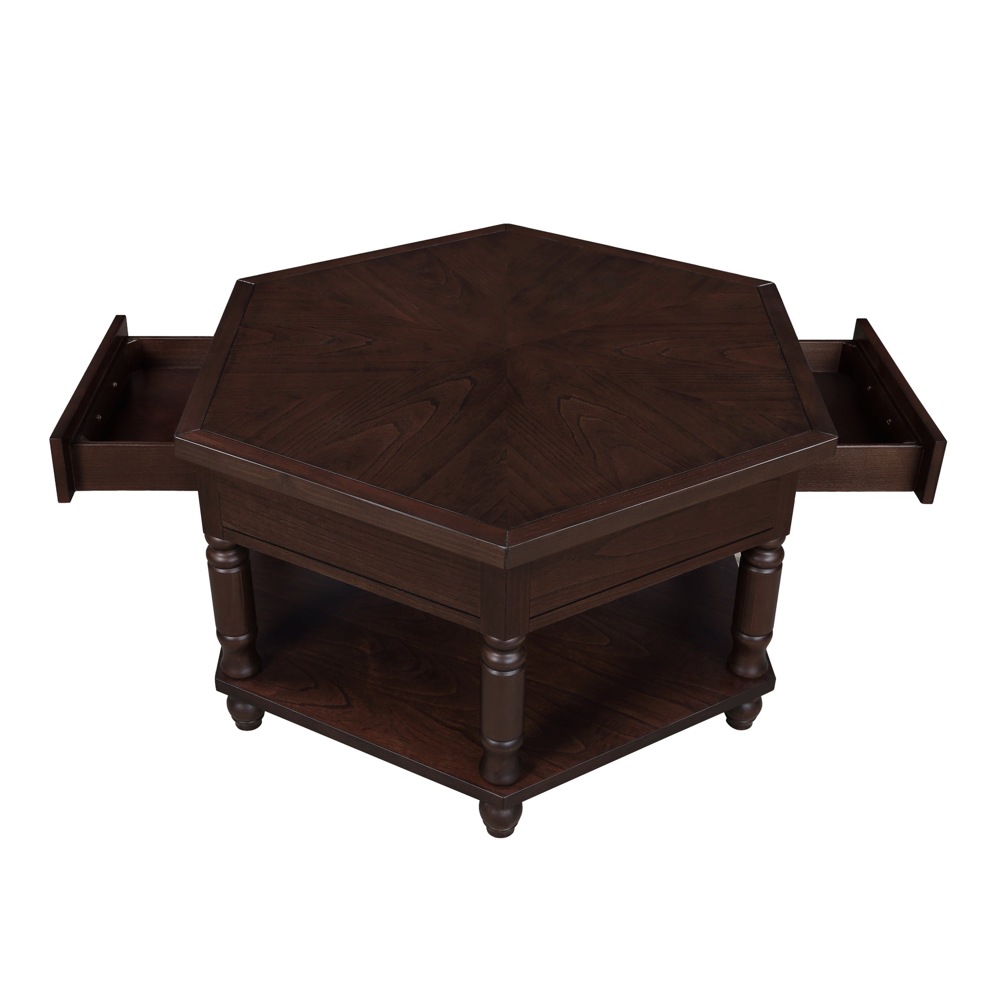 2 Tier Retro Hexagon Living Room Solid Wood Coffee Table With Shelf & Drawer, 36'' Mid Century Center Coffee Table For Living Room, Office. Light Espresso Light Espresso Pine