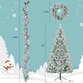 6Ft Snow Flocked Christmas Tree, Pre Lit Set With Tree & Garland & Wreath, Artificial Hinged Xmas Tree With Colorful Led Lights, 8 Lighting Modes, Pine Cones, Holiday D Cor For Home White Green Pvc