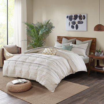 Cotton Printed Comforter Set With Trims Off White Gray Full Queen Queen Off White Gray Cotton