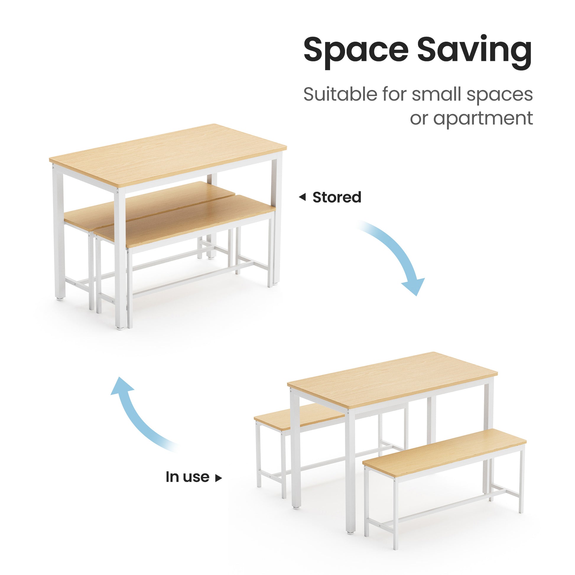 Dining Table Set, Bar Table With 2 Dining Benches, Kitchen Table Counter With Chairs, Industrial For Kitchen Breakfast Table, Living Room, Party Room, Natural And White43.3 L X23.6 W X 29.9 H White Natural Particle Board