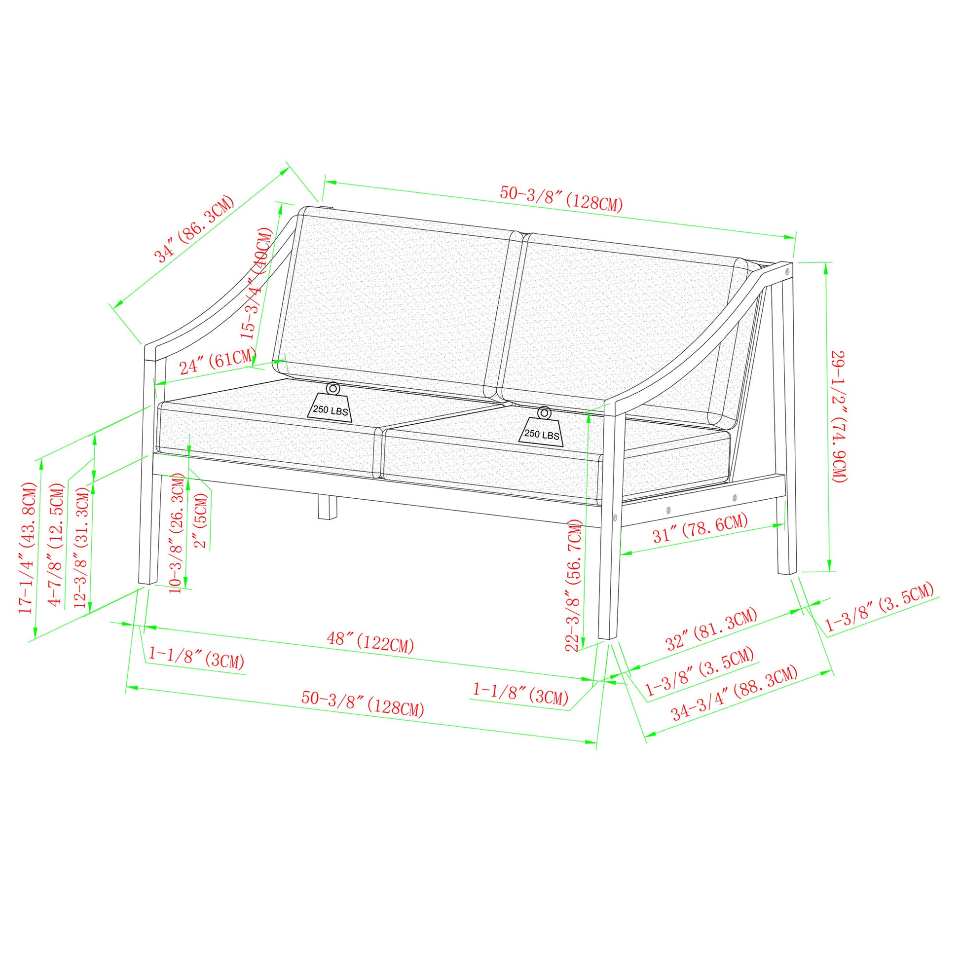 Modern Curved Arm Solid Wood Upholstered Outdoor Loveseat Natural Natural Wood Acacia Wood