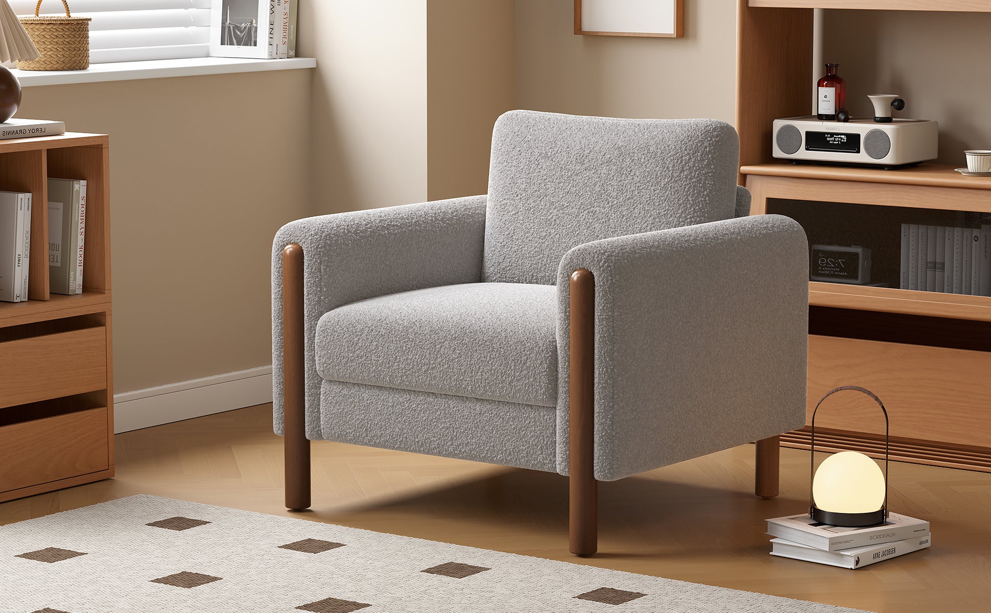 Oversized Accent Chair, Upholstered Living Room Chairs Single Sofa Chair With Walnut Legs, Curved Handrail, Grey Grey Teddy