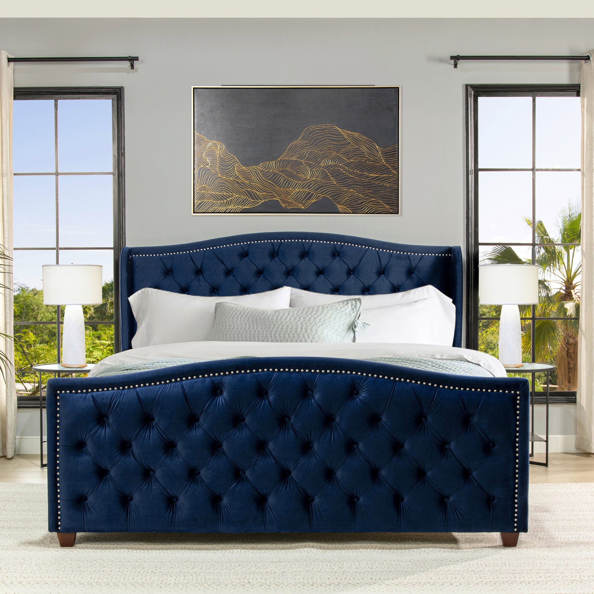 Marcella Upholstered Shelter Headboard Bed Set, King, Navy Blue Velvet Box Spring Required King Navy Blue Wood Foam Velvet Velvet