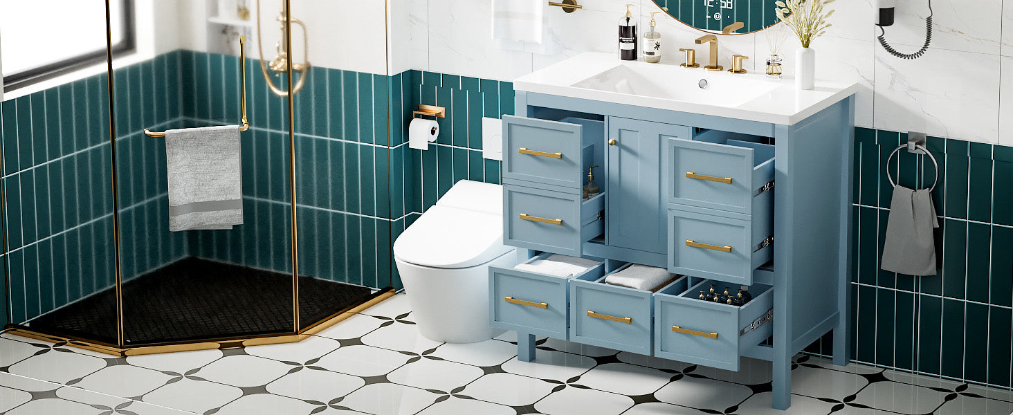 36'' Bathroom Vanity With Resin Sink Combo, Solid Wood Frame Bathroom Storage Cabinet, Freestanding Vanity Set With 5 Drawers& Soft Closing Doors Same As Sw000142Aam Blue Bathroom Solid Wood Mdf Resin