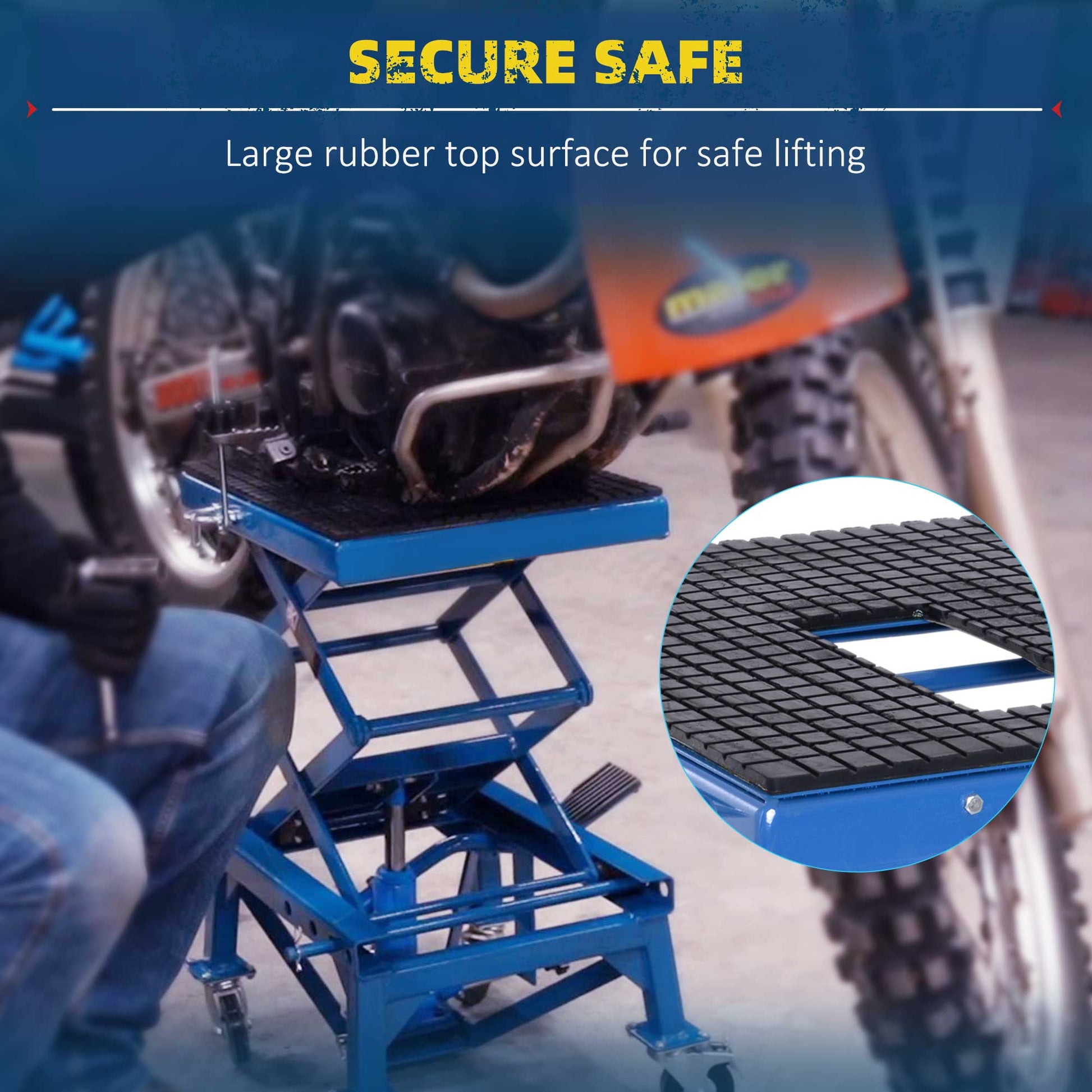 Durhand 300 Lbs Hydraulic Motorcycle Scissor Jack Lift Foot Step Wheels For Small Dirt Bikes Blue Steel