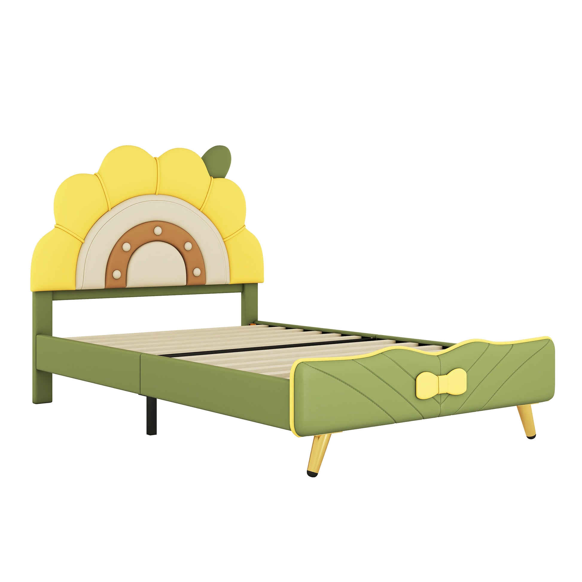 Twin Size Upholstered Platform Bed With Sunflower Shaped Headboard, Green Box Spring Not Required Twin Green Wood Bedroom Bed Frame Faux Leather Upholstered