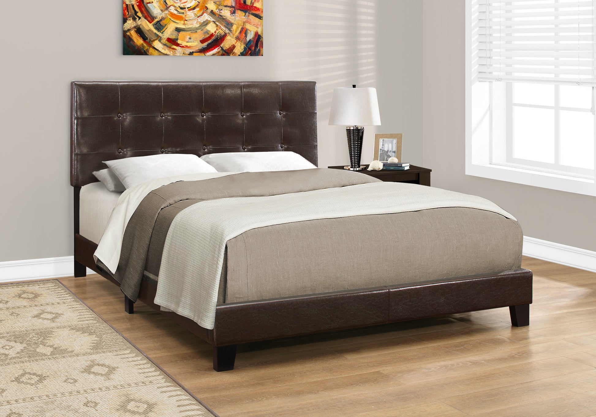 Bed, Queen Size, Bedroom, Upholstered, Brown Leather Look, Transitional Brown Foam Faux Leather