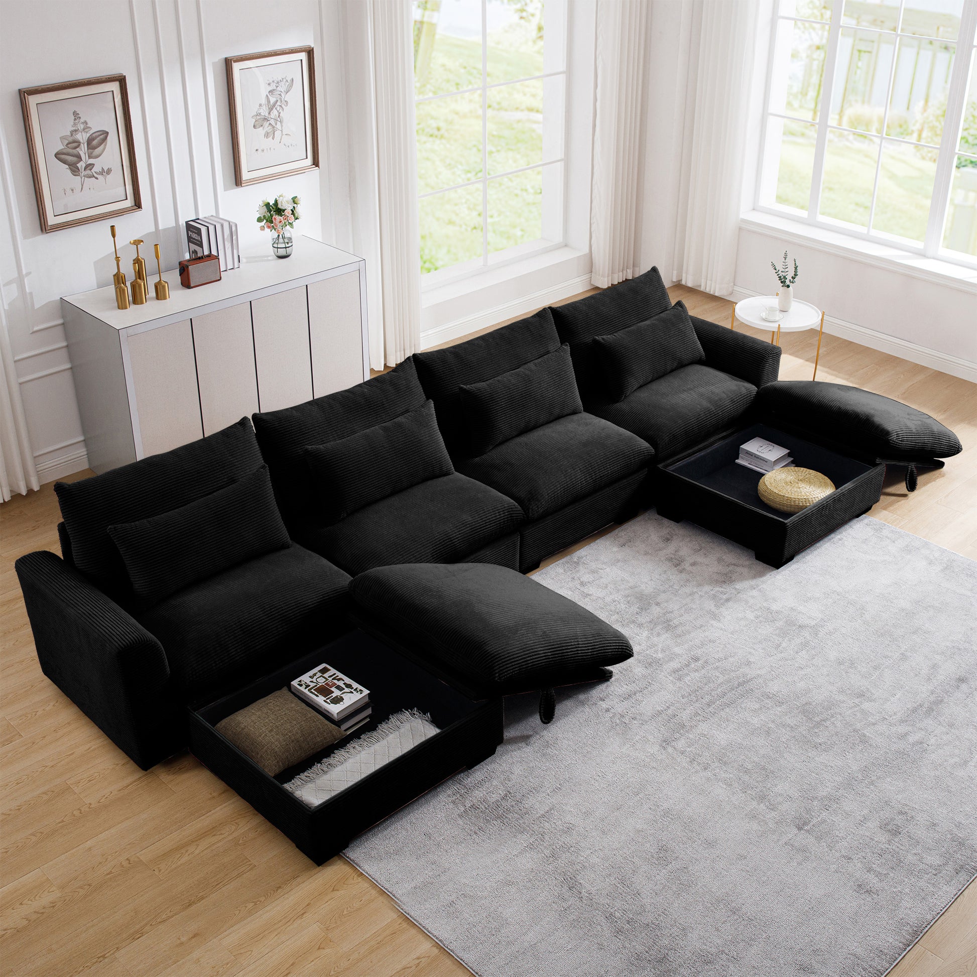 Big Deep Seat U Shaped Corduroy Sectional Couches For Living Room, 4 Seater Sofa Couch With 2 Storage Footstool And 4 Waist Pillows Corduroy, Black Black Corduroy 4 Seat