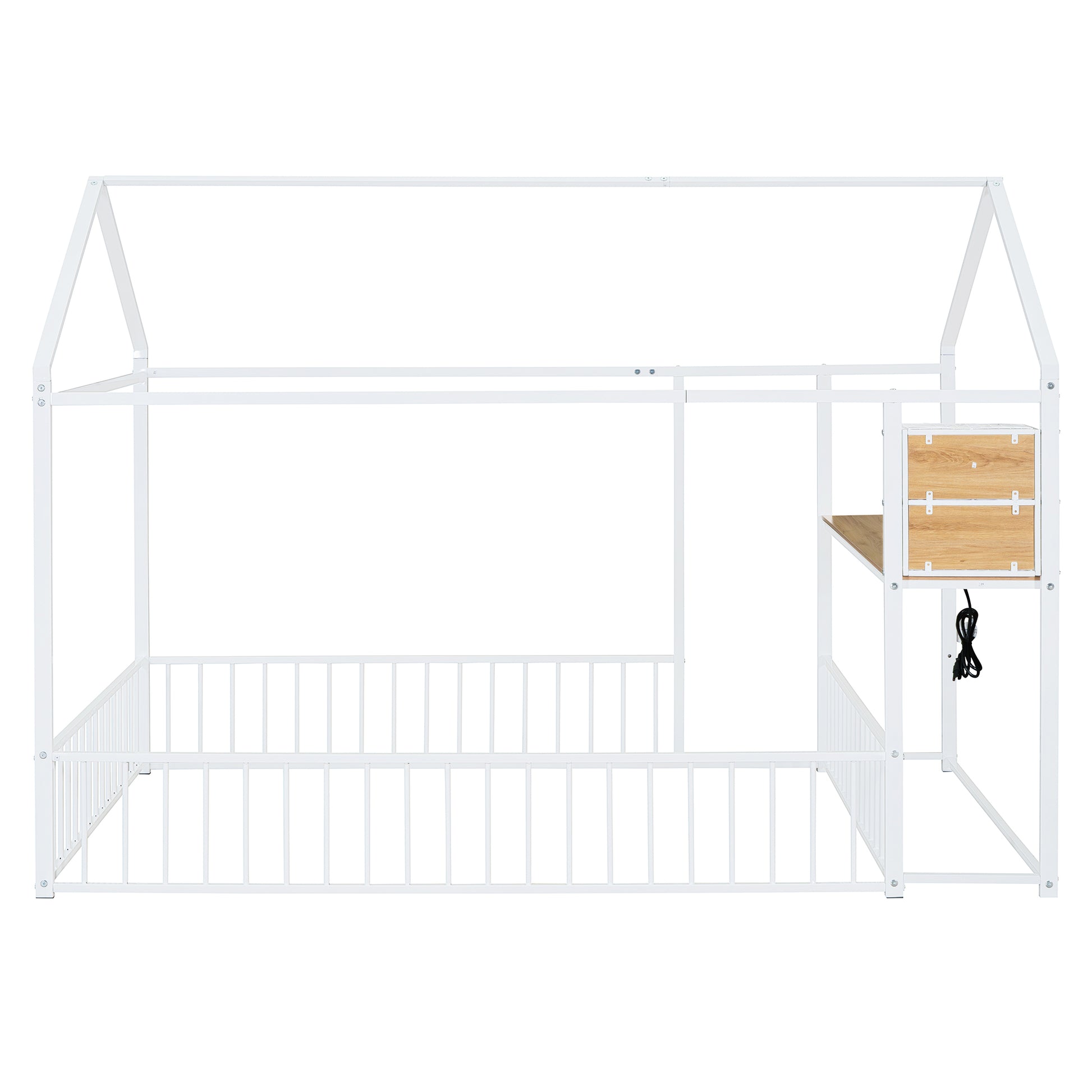 Full Size Metal Bed House Bed Frame With Desk, Shelves, Power Outlets And Usb Ports, White Full White Metal