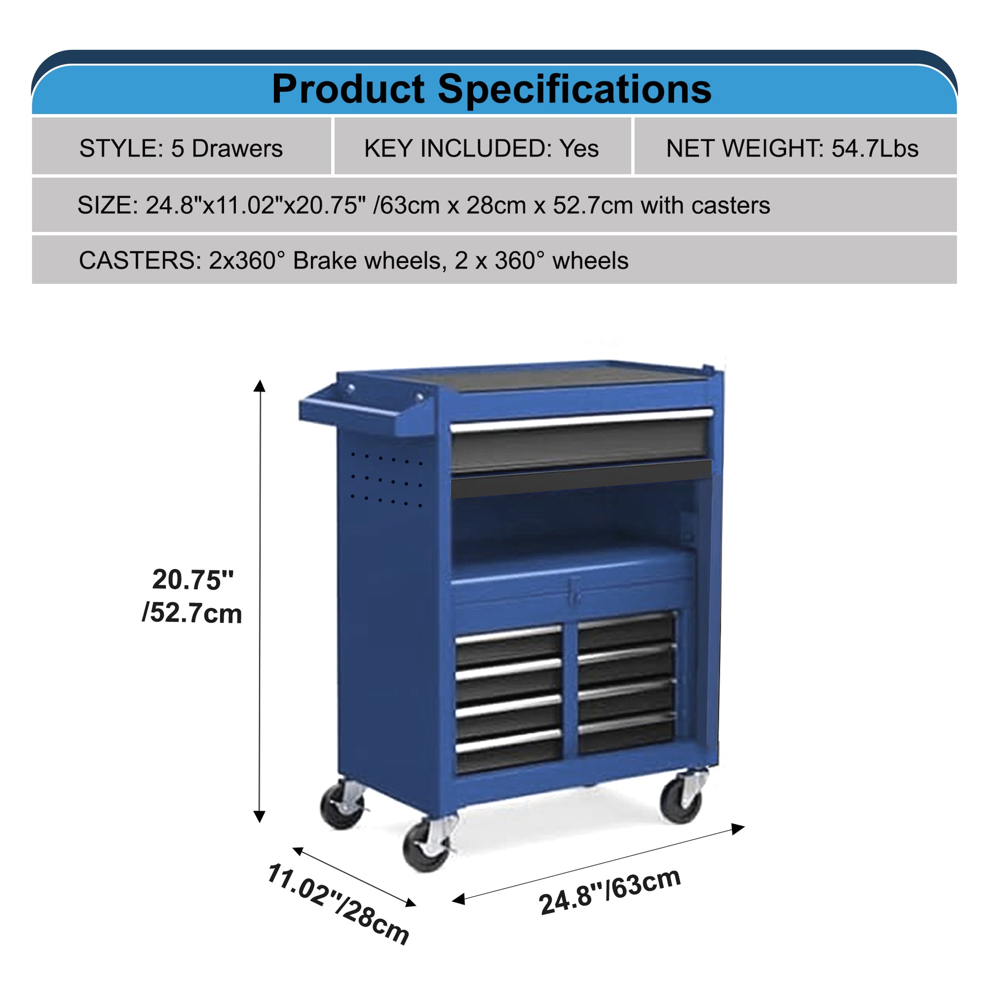 Tool Chest,5 Drawer Rolling Tool Storagecabinet With Enhanced Packaging, Detachabletop Tool Box, Metal Tool Cart For Garageworkshop Blue Gray Iron