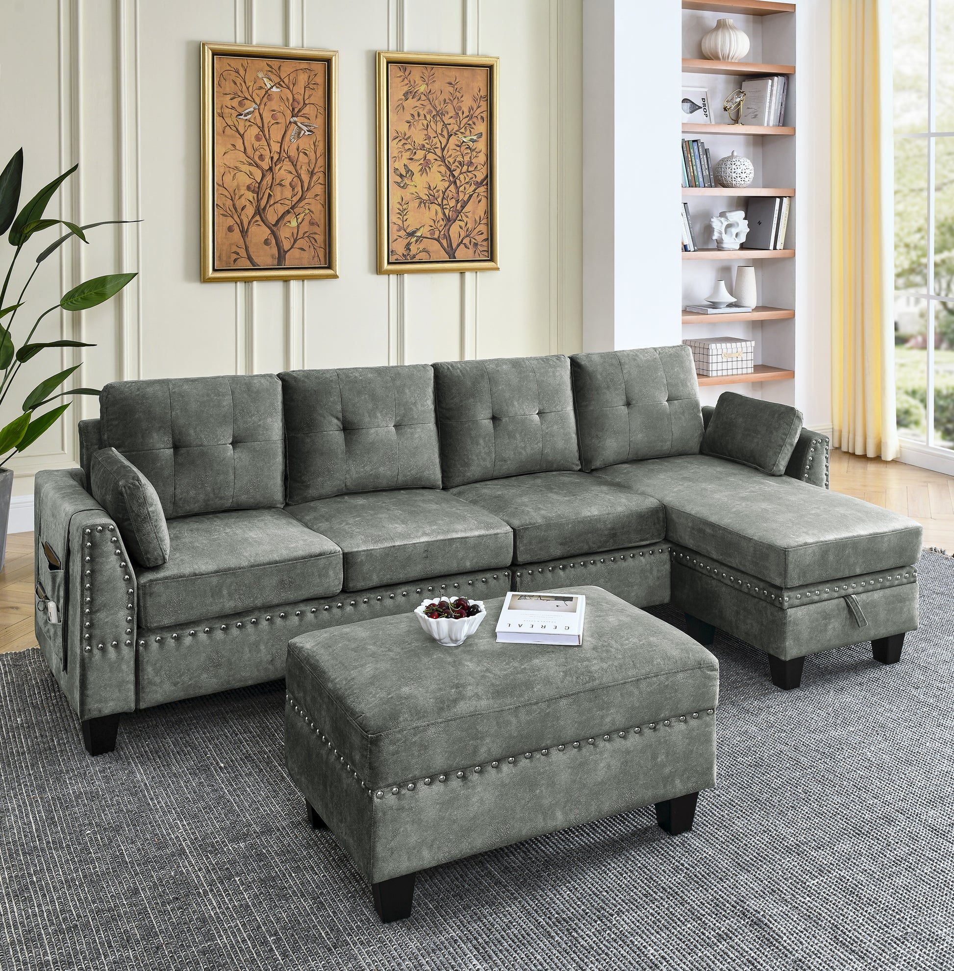 Sectional 3 Seaters Sofa ,Double Sided Multi Functional Footstool, Storage Matnon Slip Leg, Two Pillows, Velvet, Light Grey Light Grey Velvet 3 Seat