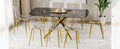 Table And Chair Set.Modern Luxurious Black Marble Patterned Tempered Glass Dining Table Set With Transparent Pp Chairs.8 Transparent High Quality Pp Dining Chairs With Golden Legs. Gold Black Seats