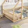 Full Wood House Shaped Floor Bed With Fence, Guardrails,Natural Full Natural American Design Pine