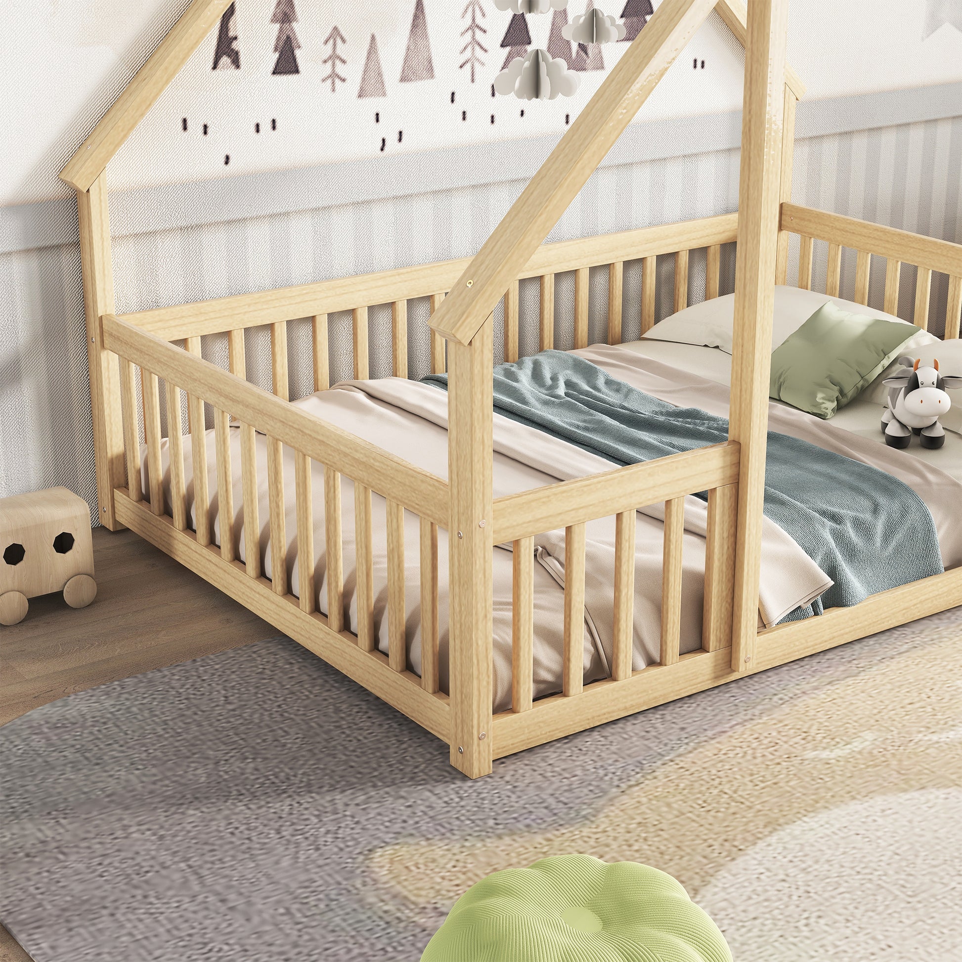 Full Wood House Shaped Floor Bed With Fence, Guardrails,Natural Full Natural American Design Pine