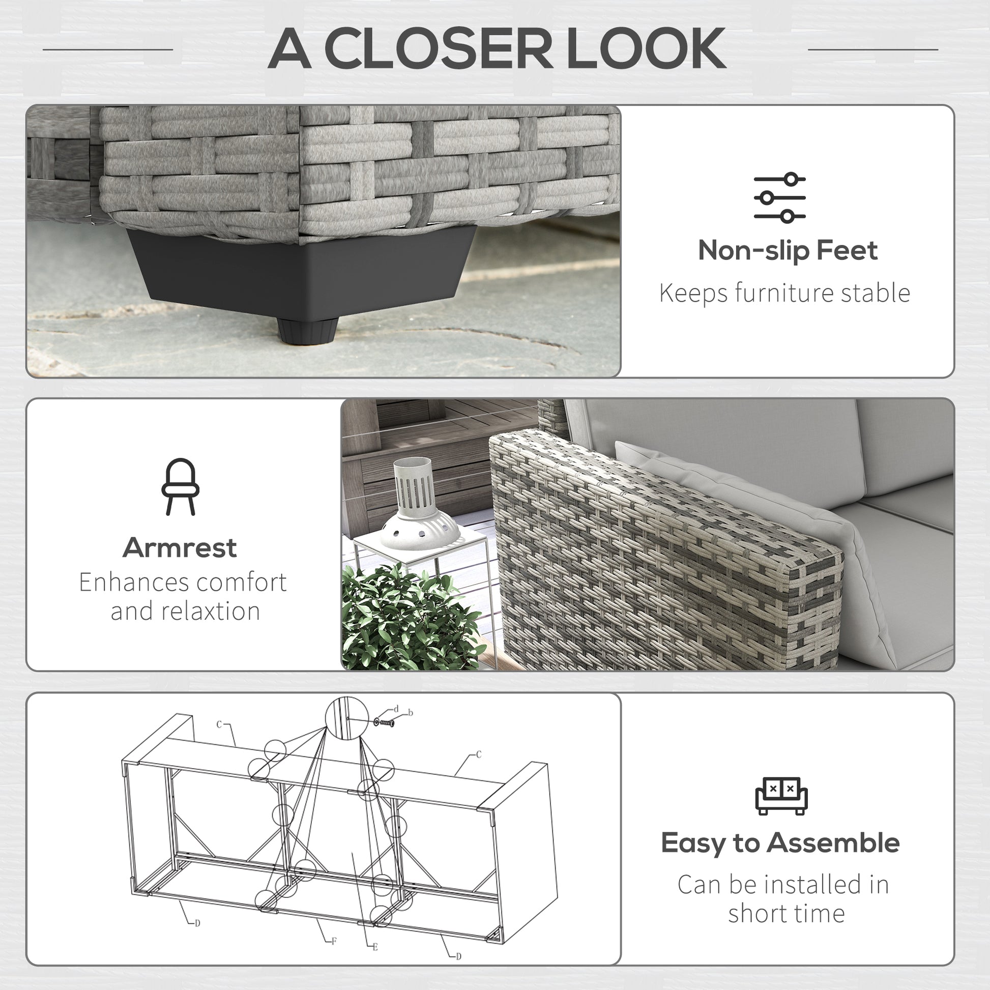 Outsunny Wicker Patio Couch, Pe Rattan 3 Seat Sofa, Outdoor Furniture With Deep Seating, Cushions, Steel Frame, Gray Gray Steel