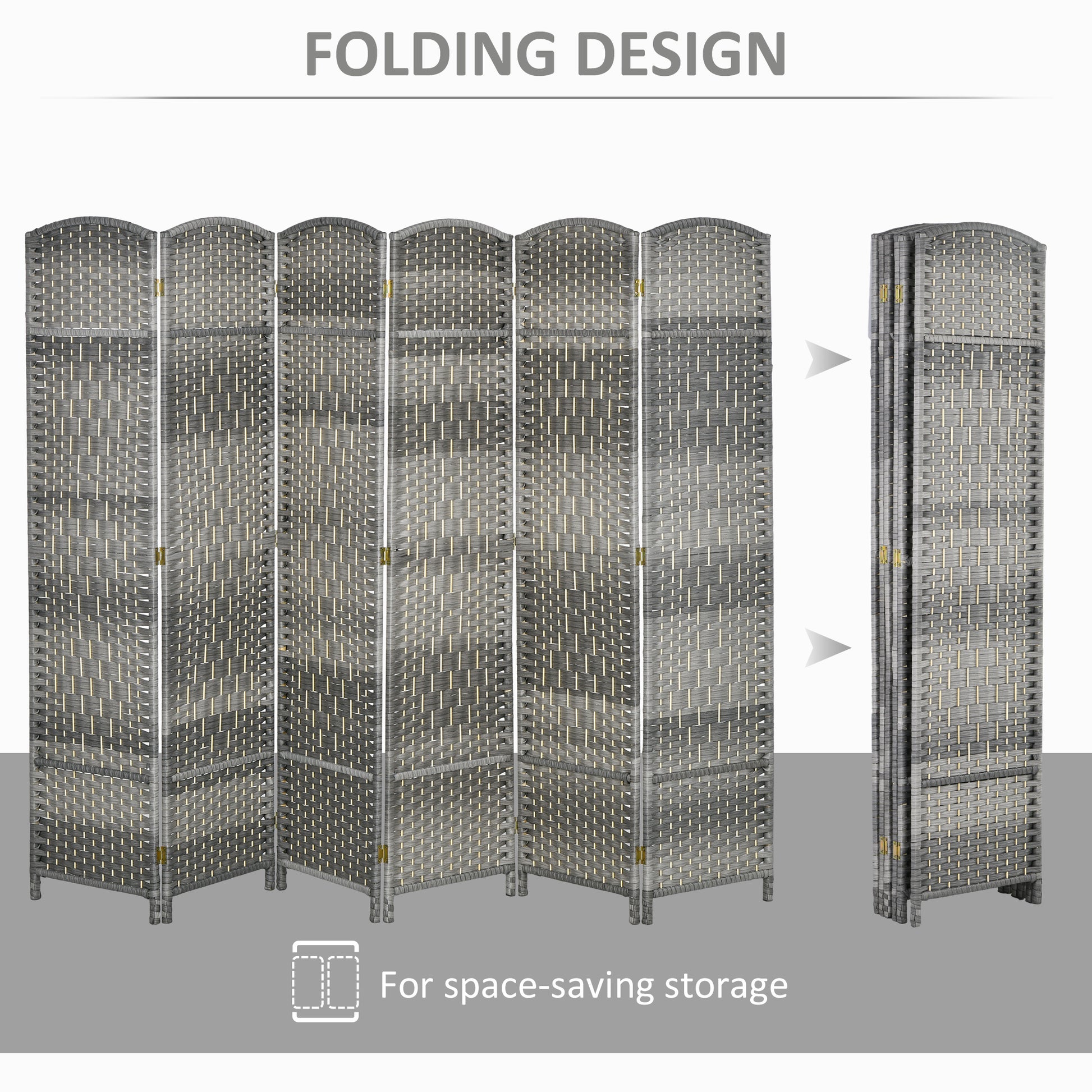 Homcom 6 Panel Room Divider, 6' Tall Folding Privacy Screen, Hand Woven Freestanding Wall Partition For Home Office, Bedroom, Mixed Gray Grey Polypropylene