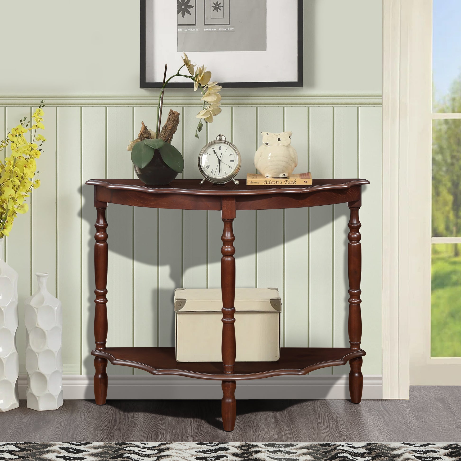 42'' Retro Circular Curved Half Moon Console Table With Cloud Design Top And Open Shelf Solid Wood Frame And Legs, Light Espresso Light Espresso Retro Pine