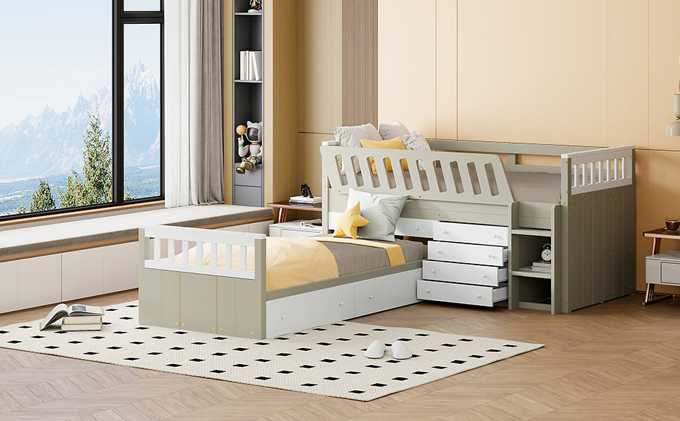 L Shaped Space Saving Twin Loft And Twin Platform Bed With 7 Drawers And Full Guardrails White Light Brown Twin Brown White Solid Wood