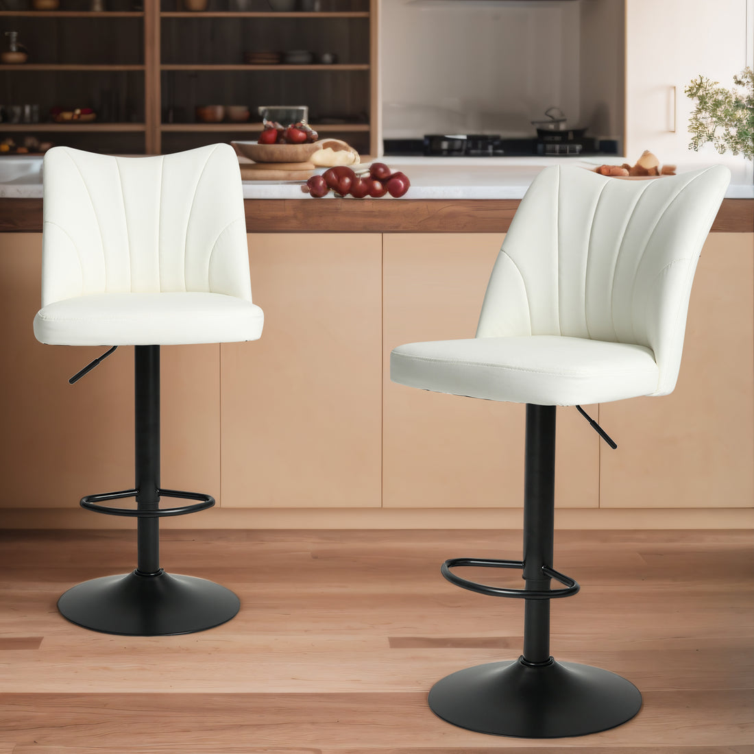 Swivel Bar Stools Set Of 2,Height Adjustable Counter Stool,Modern Armless Faux Leather Barstool Chairs With Backs For Kitchen Island White Leather