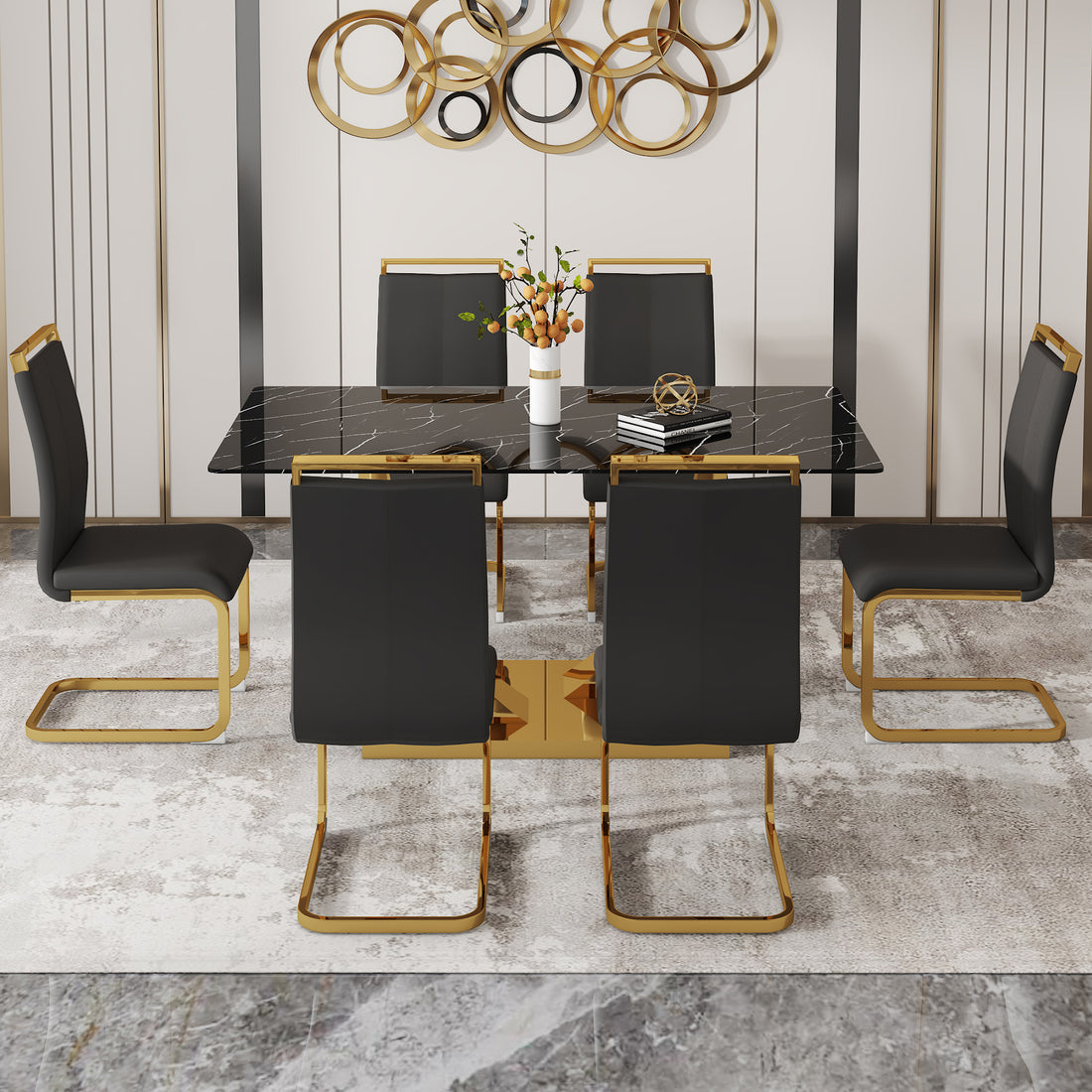 Table And Chair Set.Modern Rectangular Dining Table With Black Textured Stickers Glass Tabletop And Gold Plated Metal Legs.Paried With 6 Comfortable Chairs With Pu Seats And Golden Metal Legs. Black Gold Seats 6 Glass Metal