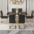 Table And Chair Set.Modern Rectangular Dining Table With Black Textured Stickers Glass Tabletop And Gold Plated Metal Legs.Paried With 6 Comfortable Chairs With Pu Seats And Golden Metal Legs. Black Gold Seats 6 Glass Metal