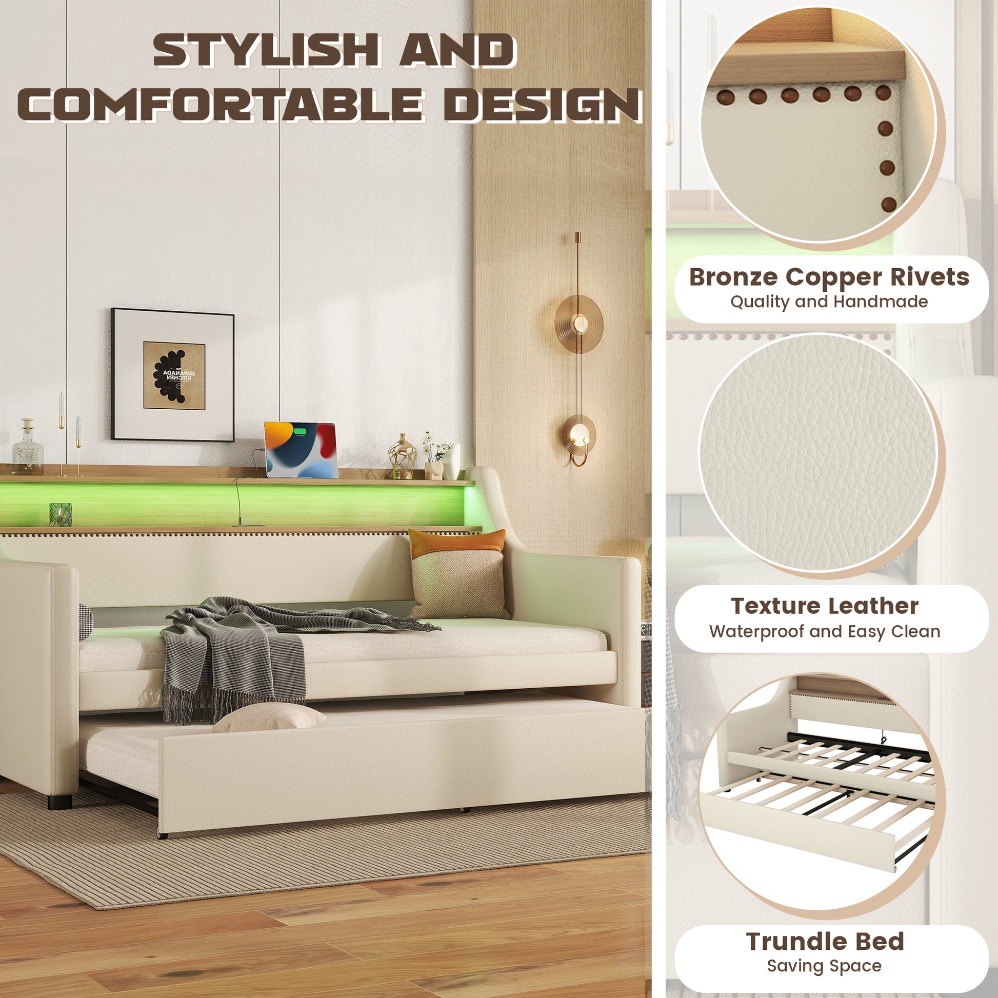 Twin Size Daybed With Trundle, Upholstered Daybed With Charging Station And Led Lights, Beige Twin Beige Pu Leather