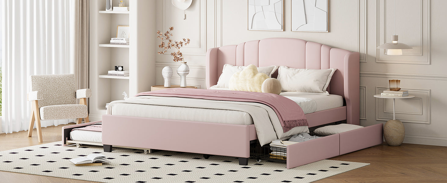 Upholstered Platform Bed With Wingback Headboard, One Twin Trundle And 2 Drawers, No Box Spring Needed, Linen Fabric, Queen Size, Pink Pink Linen