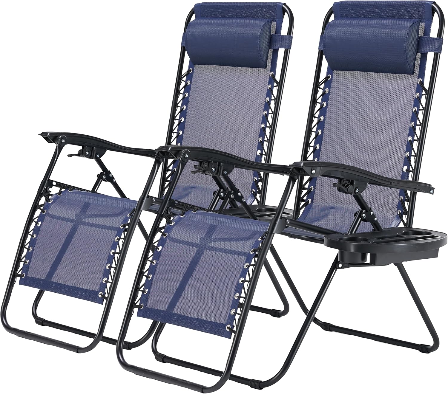 2 Set Zero Gravity Chairs Patio Portable Reclining Folding Lounge Chair Beach Camping Chairs With Pillow And Cup Holder Trays For Garden, Poolside, Blue Blue Steel