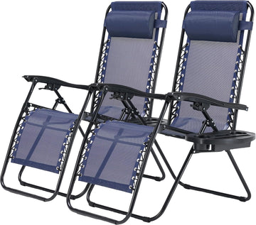 2 Set Zero Gravity Chairs Patio Portable Reclining Folding Lounge Chair Beach Camping Chairs With Pillow And Cup Holder Trays For Garden, Poolside, Blue Blue Steel