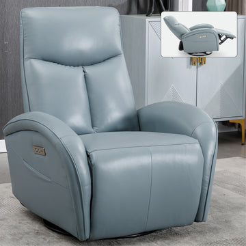 Blue Genuine Leather Swivel And Rocker Power Recliner Chair With Lumbar Support, Max Swivel Degree 270 , Heavy Duty Motion Mechanism With Usb And Type C Blue Genuine Leather Power Push Button Metal Primary Living Space Medium Firm Pillow Back Heavy Duty