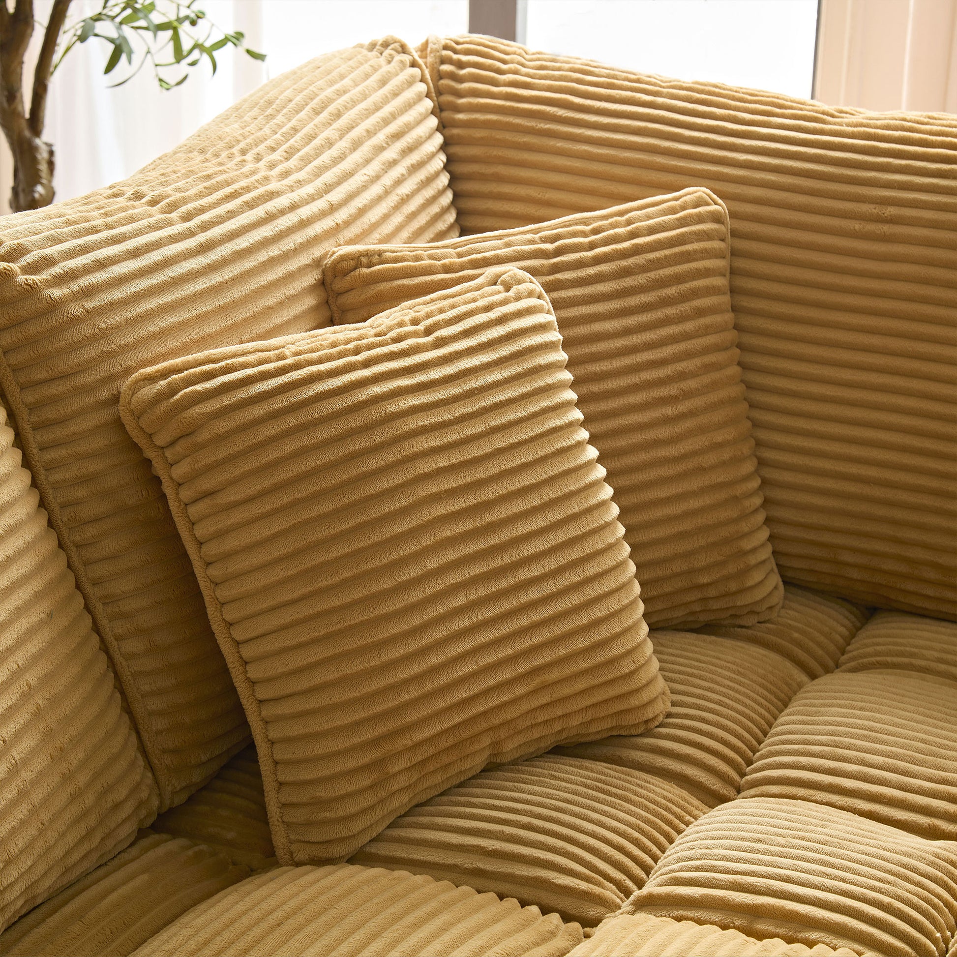 4 Seats Complimentary 2 Pillows ,Oversized Sectional Sofa,L Shaped Corner Couch With Detachable Seat & Back Cushion, Corduroy Upholstery Convertible Sleeper Sofa&Couch For Living Room Yellow Fabric 4 Seat