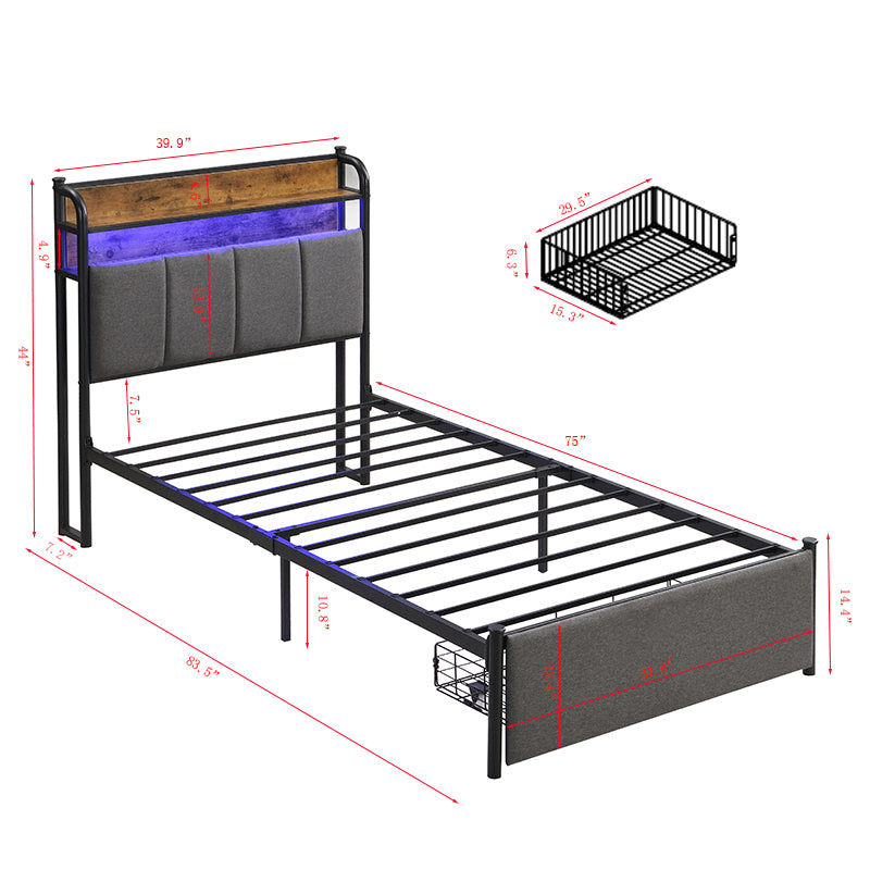 Twin Bed Frame, Storage Headboard With Charging Station, Solid And Stable, Noise Free, No Box Spring Needed, Easy Assembly Twin Black Brown Grey Mdf Metal