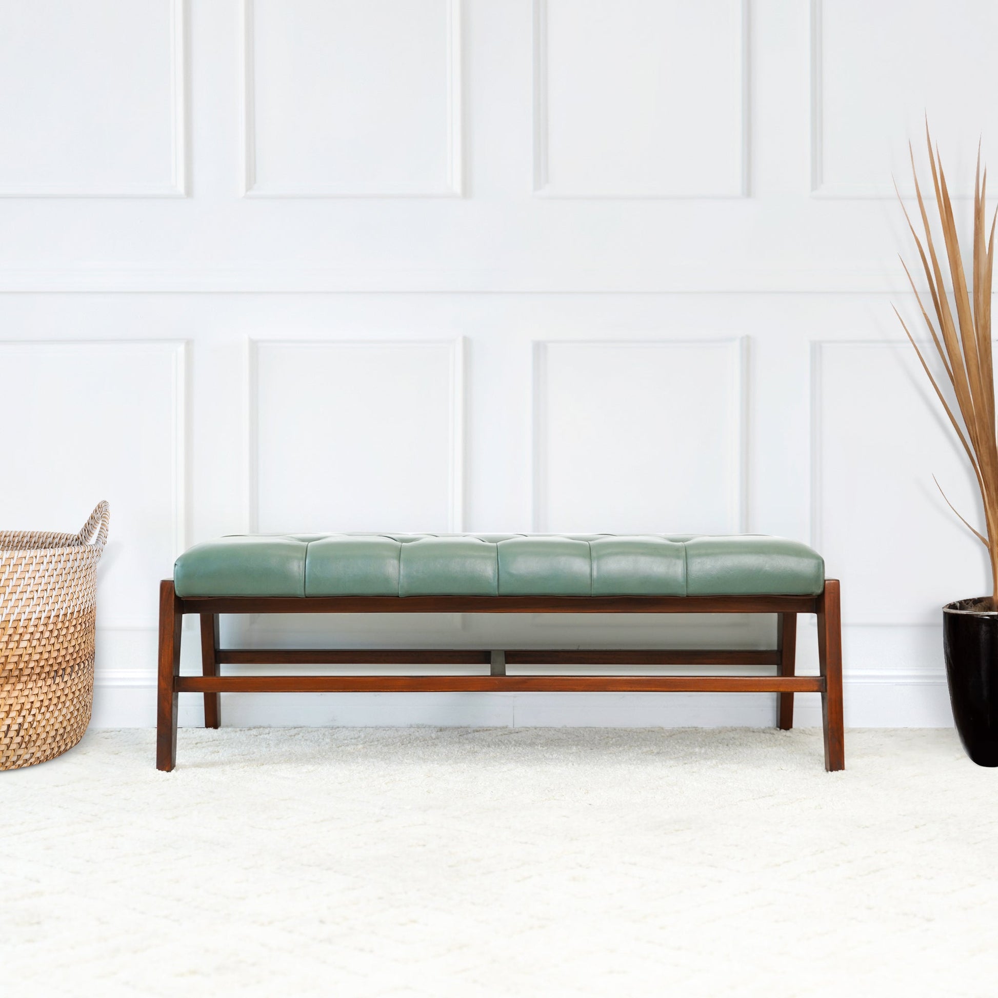 Hera Bench With Buttons Green Leather Antique Green,Light Sage Green,Wood Brown Genuine Leather Mid Century Modern Foam Genuine Leather,Solid Wood