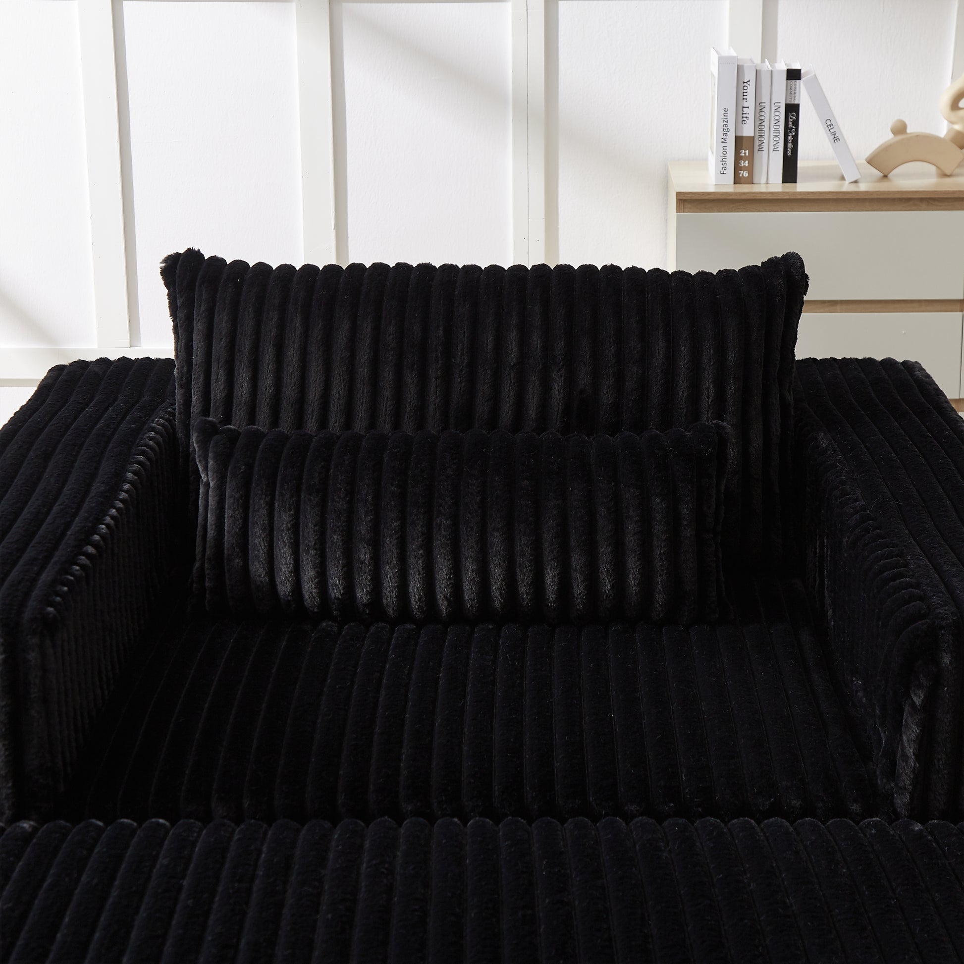 75 Inch Corduroy Sponge Sofa Lounge Chair With Removable Footrest,No Assembly Required,Fluffy Modern Sleeper Chair For Indoor Living Room Bedroom Black Foam Corduroy 1 Seat