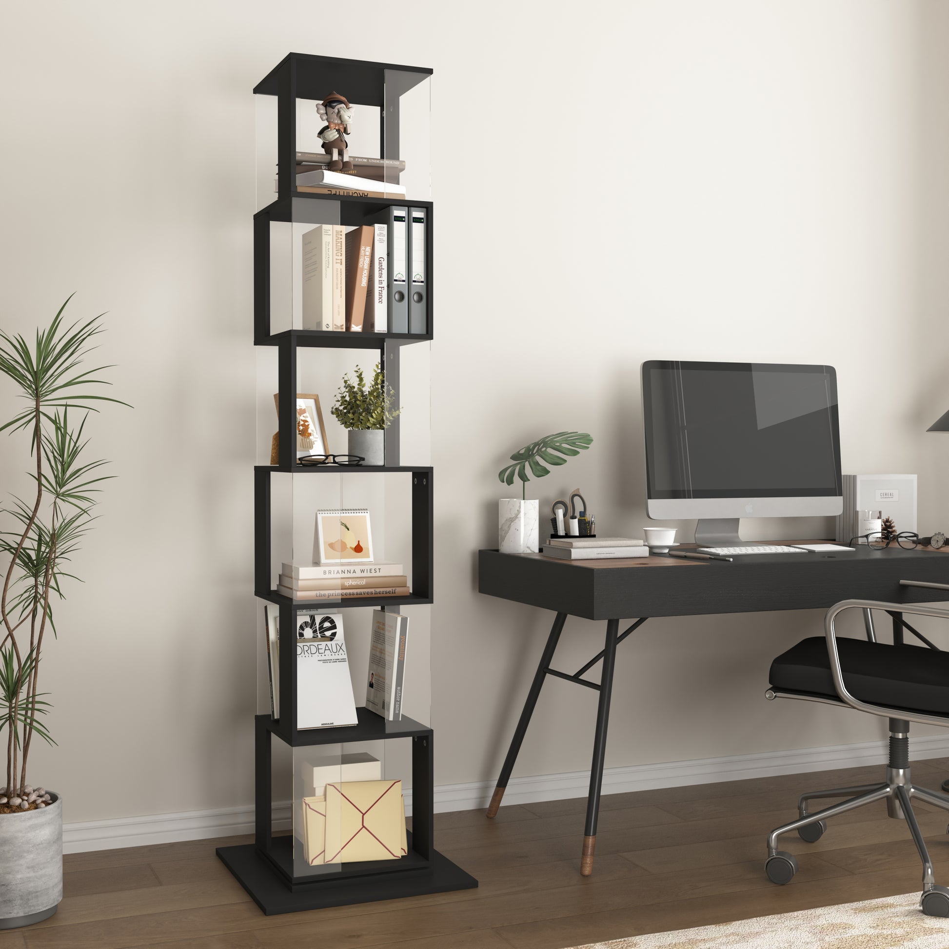 6 Tier Rotating Bookshelf, Floor Rack Simple Bookcase With Acrylic Plate Student Multi Function Creative Bookshelf For Living Room With Anti Toppling Base Black Particle Board