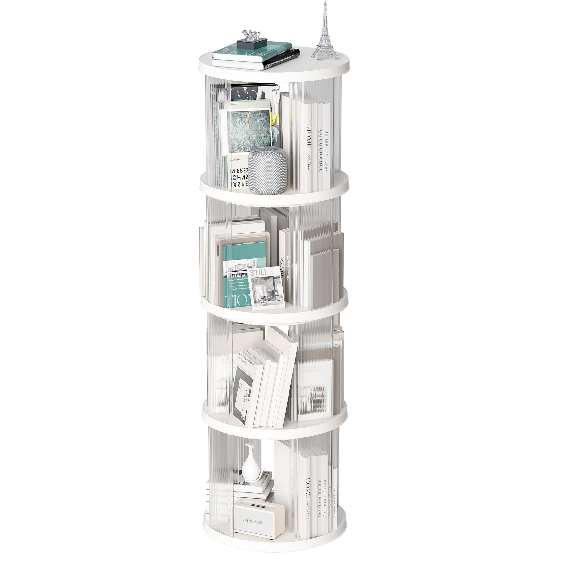 360 Rotating Bookshelf, Small Corner Bookcase With Small Footprint, 4 Tier Floor Standing Bookcasefor Kids&Adults, Narrow Book Shelf Organizer For Bedroom, Living Room, Round, White Cream White Bedroom American Design,Classic Polypropylene Abs,Pet